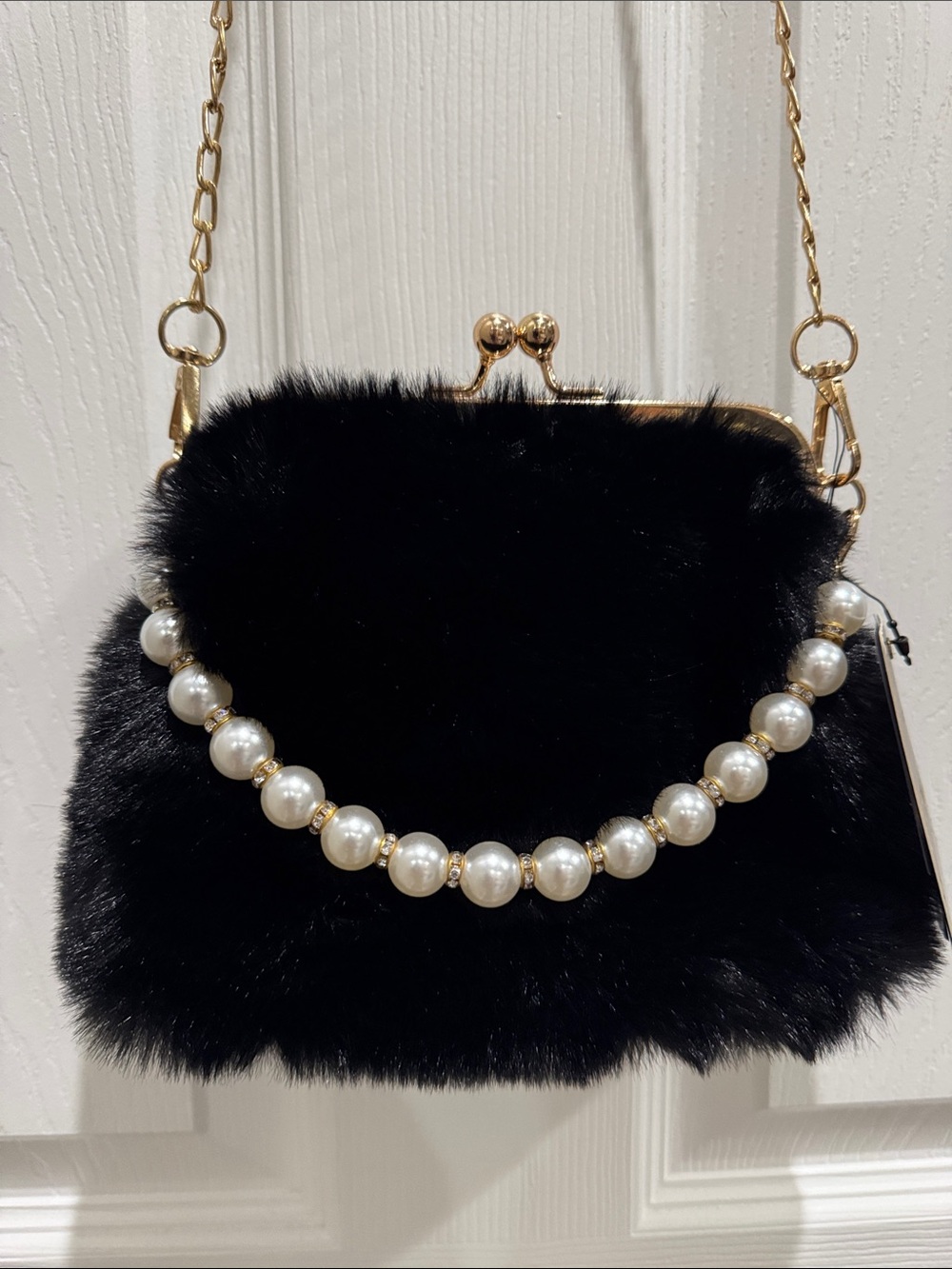 BE COOL Black Faux Fur Pearl-Accent Chain Clutch